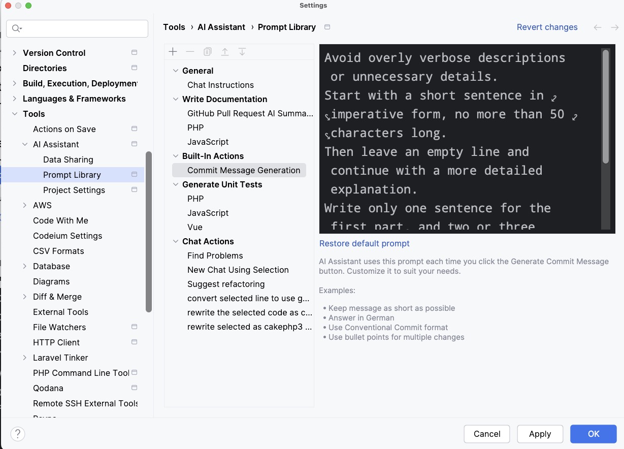 PHPStorm AI Assistant commit message mods – Kimsal Blog